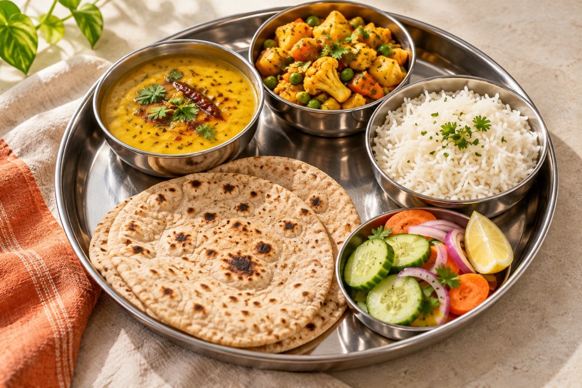 Home-style Indian thali with dal, rice, roti, vegetable sabzi and fresh salad