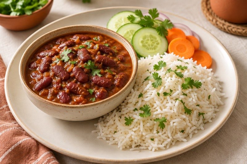 Rajma kidney bean curry with basmati rice, cucumber and carrot salad